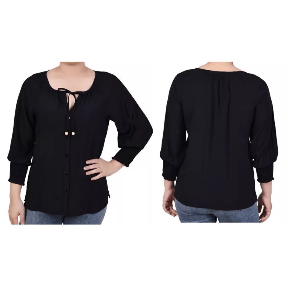 NY Collection Women's Black Petite Button Front 3/4 Sleeve Blouse PM
